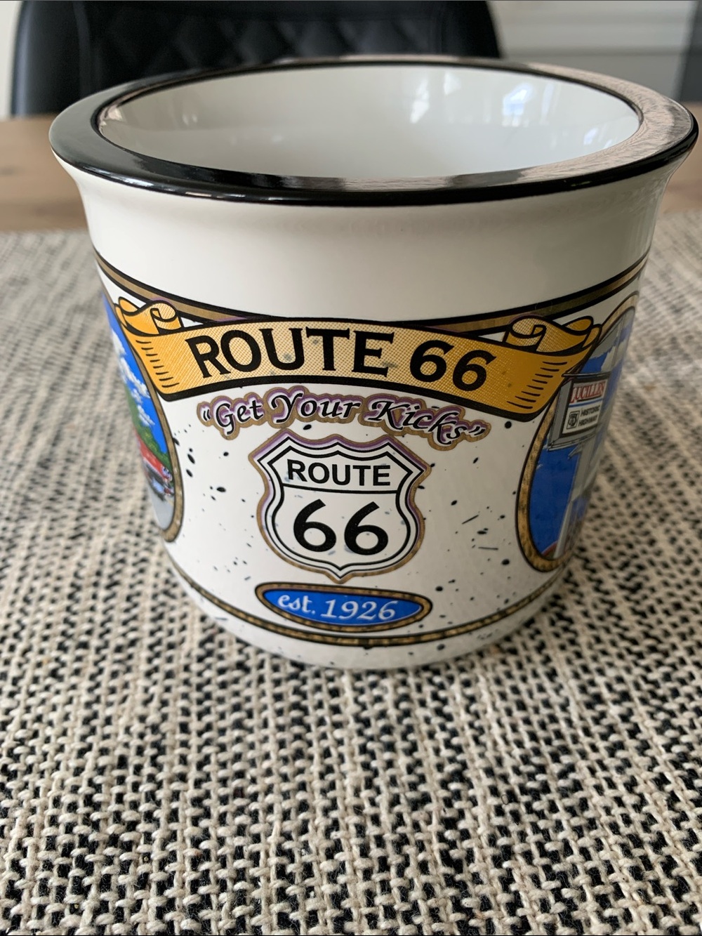 Get Your Kicks On Route 66 Coffee Mug Yellow Banner White Speckled Ceramic Mug